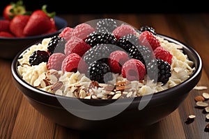 Nourishing oatmeal delight. a plate of hearty goodness topped with a variety of nuts and fresh berries