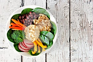 Nourishment lbowl with quinoa, hummus, mixed vegetables, over white wood