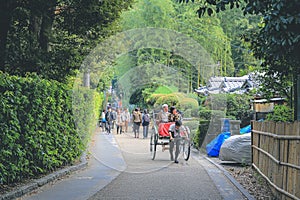 2 Nov 2013 Unidentified man with a rickshaw and tourists at Chikurin-no-michi