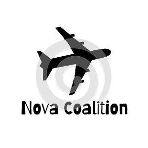 Nova coalition text in black with jet plane silhouette on white background