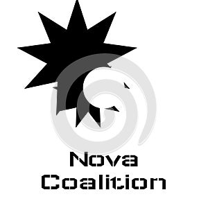 Nova coalition text in black with two black stars and white circle logo on white background