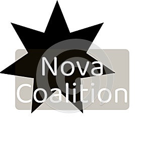 Nova coalition text in white over black star and grey rectangle logo on white background