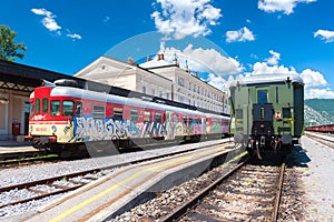 Nova Gorica Gorizia, Slovenia: View of two trains standing on rails at the old train station