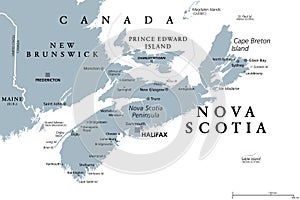 Nova Scotia, Maritime and Atlantic province of Canada, gray political map
