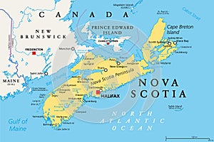 Nova Scotia, Maritime and Atlantic province of Canada, political map