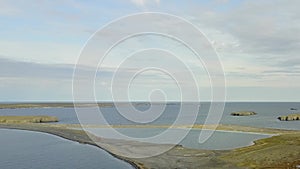 Novaya Zemlya aerial landscape of coast of Arctic Ocean.