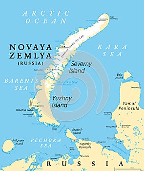 Novaya Zemlya, archipelago in northern Russia, political map photo