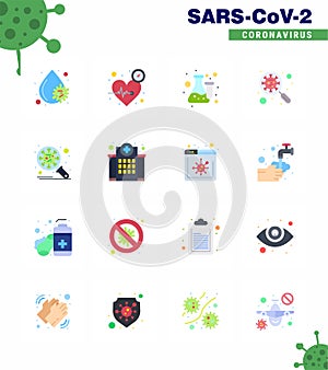 Novel Coronavirus 2019-nCoV. 16 Flat Color icon pack interfac, devirus, care, scan virus, laboratory