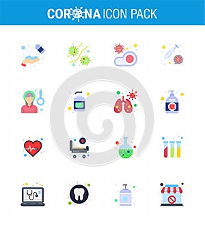 Novel Coronavirus 2019-nCoV. 16 Flat Color icon pack syring, coronavirus, plasm, virus, meat