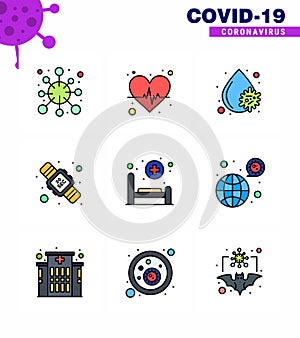 Novel Coronavirus 2019-nCoV. 9 Filled Line Flat Color icon pack bed, twenty, heart care, seconds, platelets