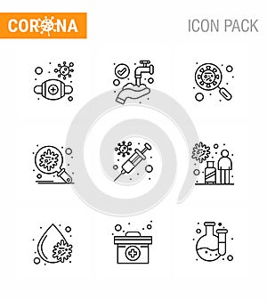 Novel Coronavirus 2019-nCoV. 9 Line icon pack  protection, bacteria, washing, virus, interfac