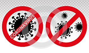 Novel Coronavirus 2019-nCoV outbreak warning sign. COVID-19 virus caution icons. Novel coronavirus is crossed out with red STOP