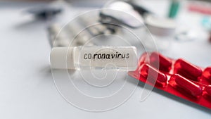 Novel coronavirus - 2019-nCoV. Protective medical mask and medicines, pills against the virus. Chinese coronavirus outbreak.