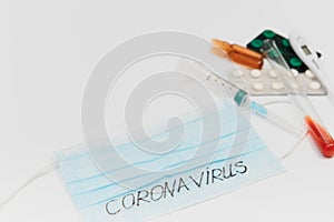 Novel coronavirus - 2019-nCoV. Protective medical mask and medicines, pills against the virus. Chinese coronavirus outbreak. MERS-