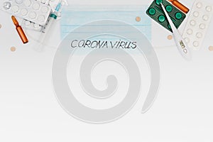 Novel coronavirus - 2019-nCoV. Protective medical mask and medicines, pills against the virus. Chinese coronavirus outbreak. MERS-