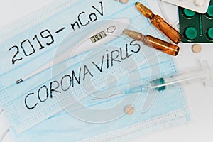 Novel coronavirus - 2019-nCoV. Protective medical mask and medicines, pills against the virus. Chinese coronavirus outbreak. MERS-