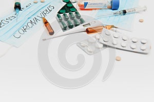 Novel coronavirus - 2019-nCoV. Protective medical mask and medicines, pills against the virus. Chinese coronavirus outbreak. MERS-