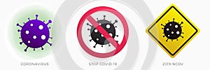 Novel Coronavirus Covid-19 flat vector icon set. Lockdown pandemic virus stop sign. Dangerous 2019-ncov bacteria corona virus cell
