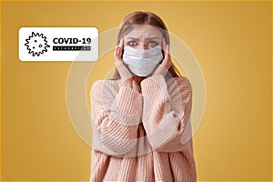 Novel Sars Cov2. Prevent infection spread. Stop pandemia. Shocked woman in mask. COVID-19, coronavirus inscription
