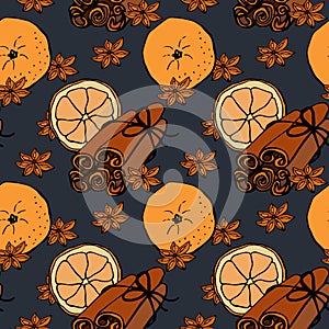 Novel seamless endless pattern with oranges, cinnamon sticks, stars anise and orange slices on darl background. Perfect for