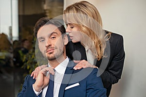 A novel at work. Pretty lady boss molests his subordinate employee. Sexual harassment