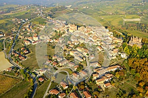 Novello village Langhe Piedmont, Northern Italy, aerial view. Color image photo