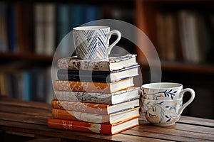 novels stacked neatly next to a ceramic mug on a box