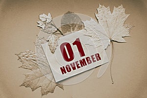 november 01. 01th day of month, calendar date.Envelope with the date and month, surrounded by autumn leaves on brown