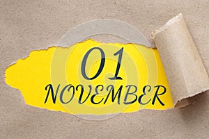 november 01. 01th day of the month, calendar date.Hole in paper with edges torn off. Yellow background is visible