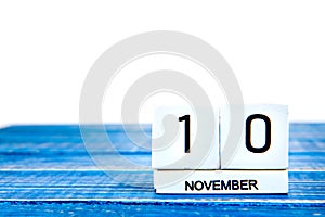 November 10th. Image of November 10th calendar on blue background. Veterans day.