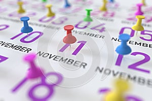 November 11 date and push pin on a calendar, 3D rendering