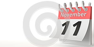 November 11 date on a tear-off calendar, 3d rendering