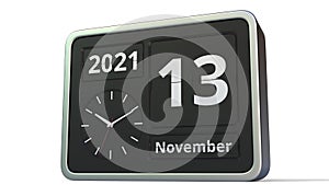 November 13 date on the classic flip clock calendar, 3d animation