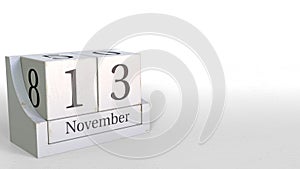 November 13 date on wood bricks calendar. 3D animation