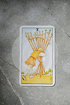 November 18, 2022 - Kyiv, Ukraine. Ryder`s Tarot - Waite. The Junior Arcana of the suit of Wands. 10, X