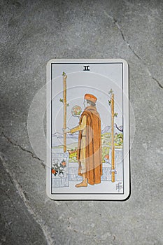 November 18, 2022 - Kyiv, Ukraine. Ryder`s Tarot - Waite. The Junior Arcana of the suit of Wands. 2, II