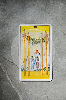 November 18, 2022 - Kyiv, Ukraine. Ryder`s Tarot - Waite. The Junior Arcana of the suit of Wands. 4, IV