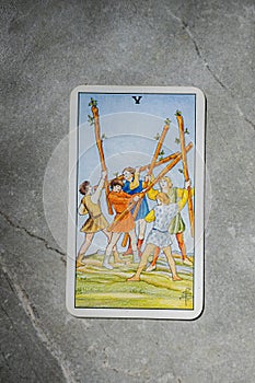 November 18, 2022 - Kyiv, Ukraine. Ryder`s Tarot - Waite. The Junior Arcana of the suit of Wands. 5, V