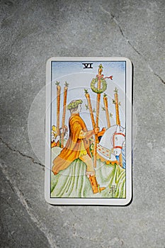 November 18, 2022 - Kyiv, Ukraine. Ryder`s Tarot - Waite. The Junior Arcana of the suit of Wands. 6, VI