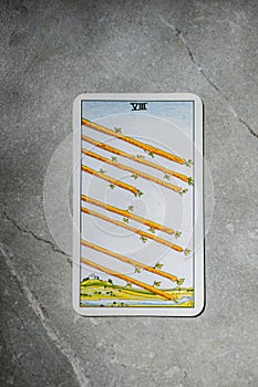 November 18, 2022 - Kyiv, Ukraine. Ryder`s Tarot - Waite. The Junior Arcana of the suit of Wands 8, VIII