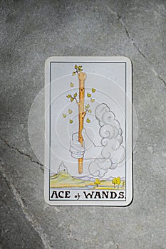 November 18, 2022 - Kyiv, Ukraine. Ryder`s Tarot - Waite. The Junior Arcana of the suit of Wands. ACE