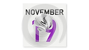 November 19 date behind crumpled paper page of a calendar, 3d animation