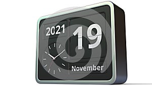 November 19 date on the flip clock calendar, 3d rendering