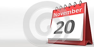 November 20 date on the flip calendar page, 3d rendering