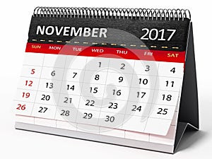 November 2017 desktop calendar. 3D illustration