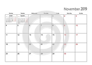 November 2019 simple calendar planner, week starts from Monday