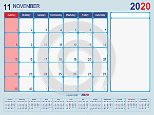November 2020 Calendar Monthly Planner Design