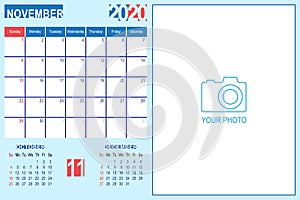 November 2020 Calendar Monthly Planner Design