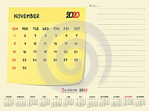 November 2020 Calendar Paper Note Design