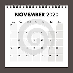 November 2020 calendar with wire band